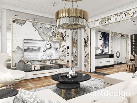 Salon w stylu luksusowej rezydencji z białym kamieniem