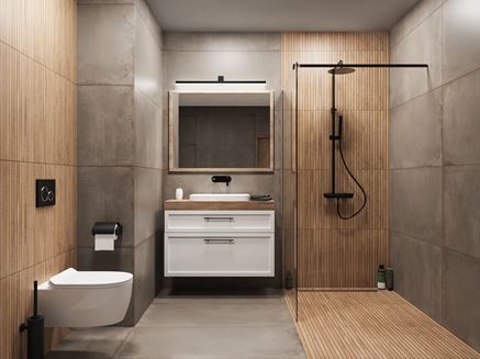Nowoczesna, betonowa łazienka przełamana drewnem
