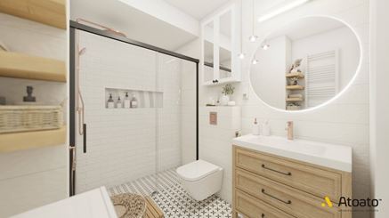 Łazienka z dużym prysznicem i patchworkiem na podłodze