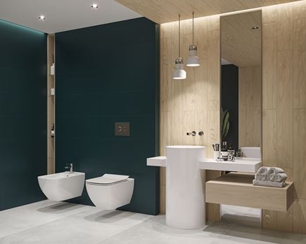 Zielona łazienka i ściana wykończona drewnem