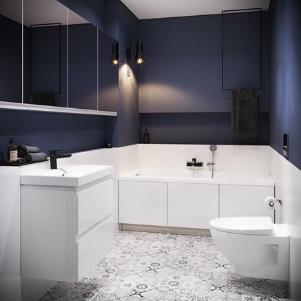 Biało-granatowa łazienka z meblami Cersanit Moduo i patchworkową podłogą
