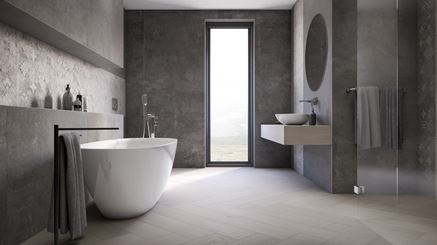 Duża szara łazienka w minimalistycznym stylu