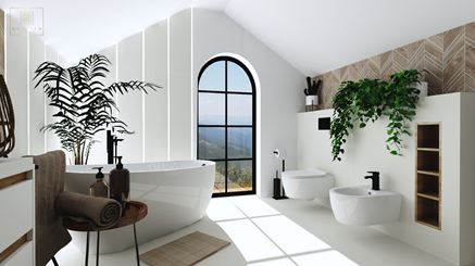 Nowoczesny projekt łazienki z oknem i wolnostojącą wanną