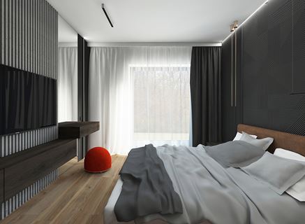 Minimalistyczna, czarna sypialnia ze strukturalną ścianą