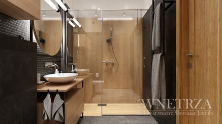 Łazienka w czerni i drewnie z dużym prysznicem