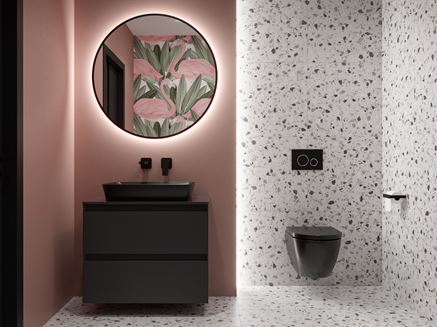Róż i stylowe lastryko w łazience z czarną ceramiką