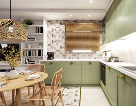 Zielona kuchnia z kolorową mozaiką przy oknie