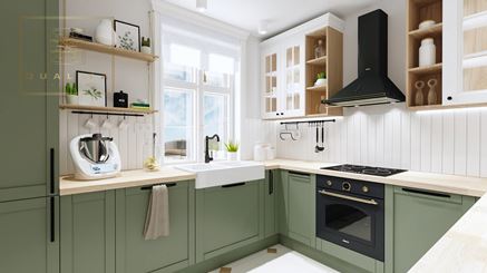 Zielona kuchnia z bielą i drewnem w stylu skandynawskim