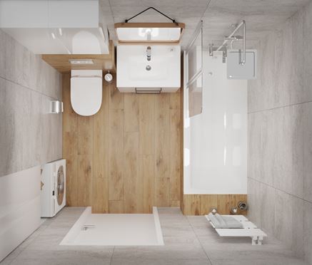 Widok z góry na nowoczesną łazienkę w drewnie i kamieniu