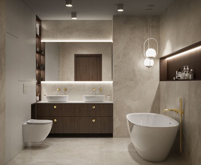 Elegancka łazienka w beżowym kamieniu
