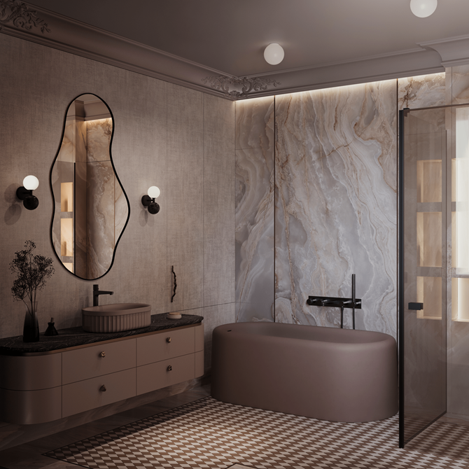 Łazienka z kamieniem i beżowymi tapetami, wyposażona w wannę wolnostojącą, projekt MODEKO Studio
