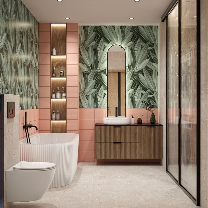 Różowo-szara łazienka z naturalnym motywem