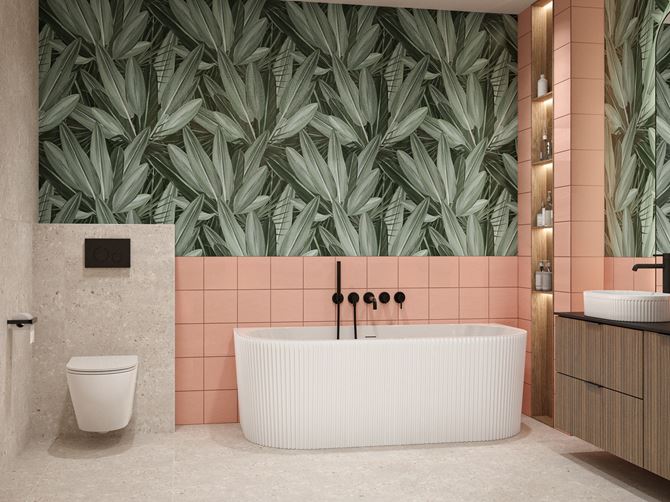 Liściasta tapeta w szaro-różowej łazience