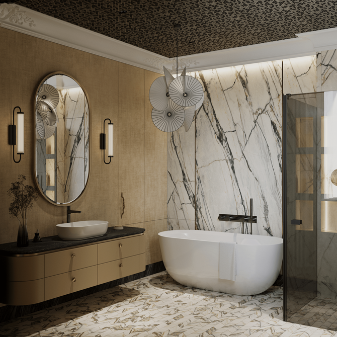 Łazienka z tapetami i marmurem, projekt MODEKO Studio