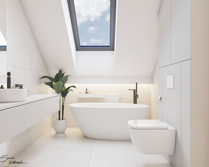 Łazienka w bieli na poddaszu, urządzona w stylu minimalistycznym