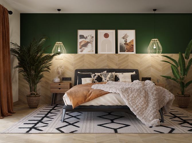 Eklektyczna sypialnia z beżową jodełką
