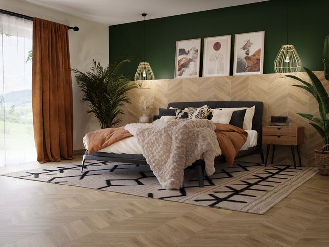 Drewnopodobne płytki w sypialni