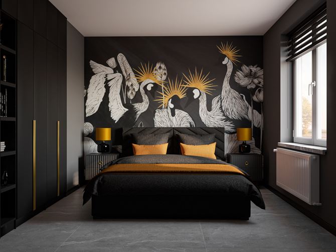 Szaro-czarna sypialnia z tapetą
