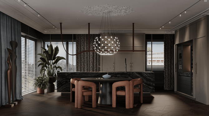 Eklektyczna kuchnia z kamienną wyspą i jadalnią, projekt MODEKO Studio
