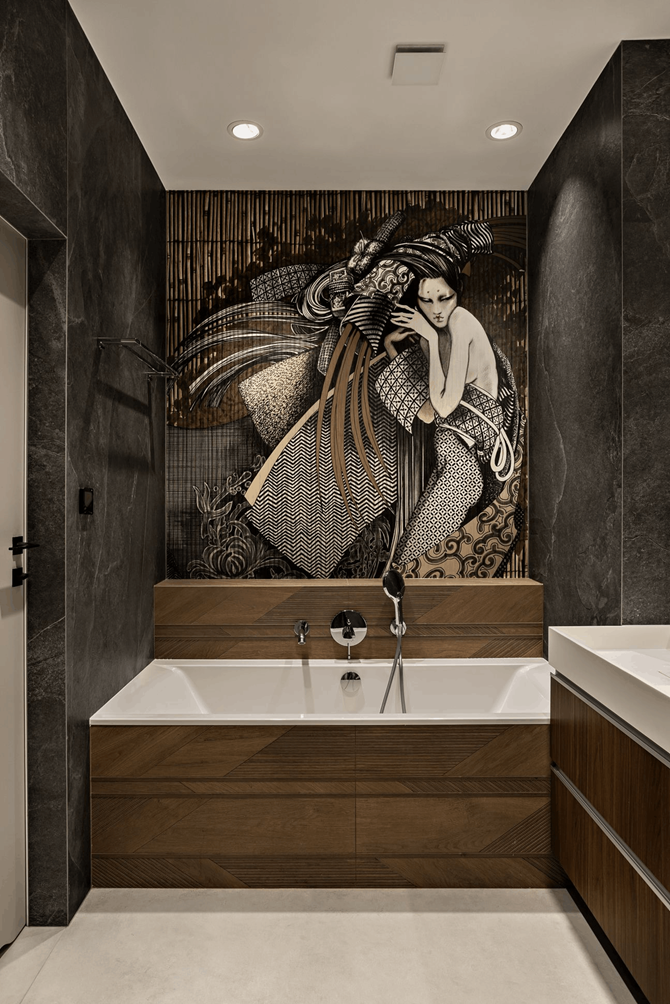 Japońskie motywy w czarno-brązowej łazience, projekt AVO Architects
