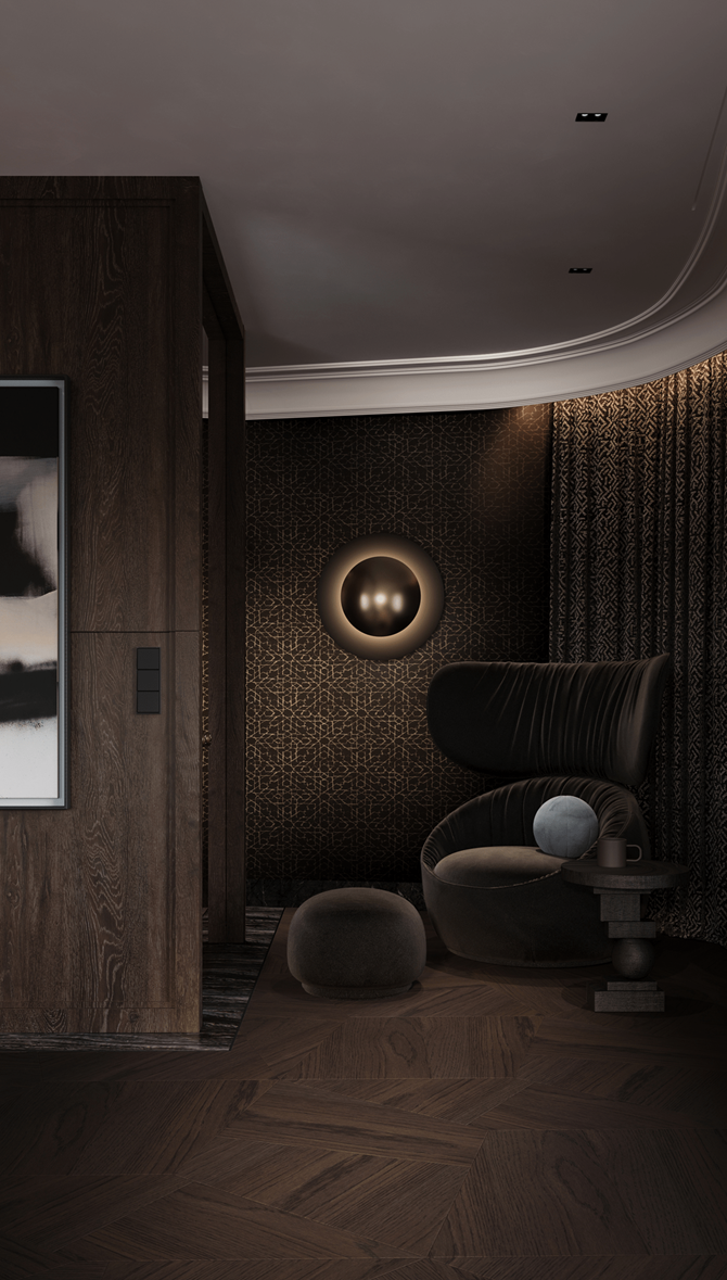 Kącik czytelniczy w apartamencie, projekt MODEKO Studio