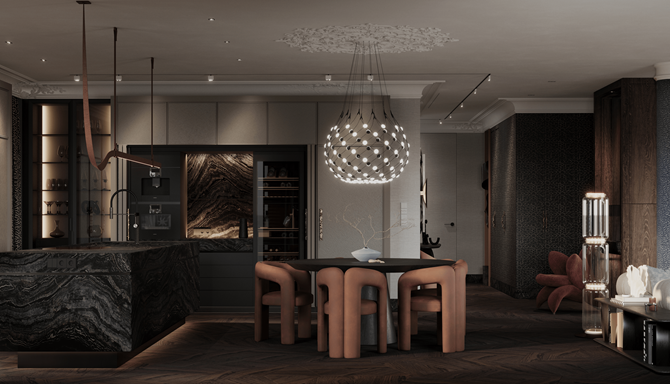 Kuchnia z wyspą i nowoczesną zabudową, projekt MODEKO Studio
