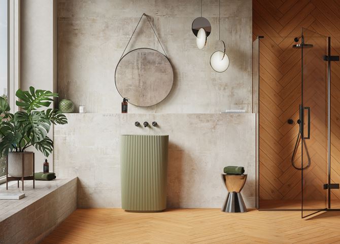 Szara łazienka z miodową jodełką