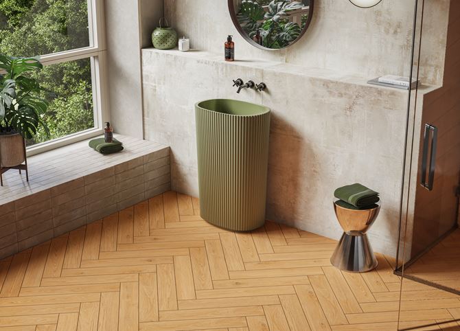 Szaro-brązowa łazienka z zieloną umywalką wolnostojącą
