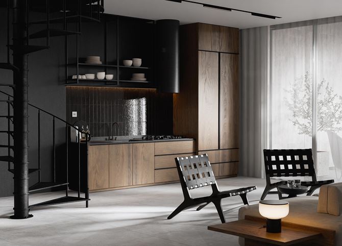 Brązowo-czarna kuchnia z salonem