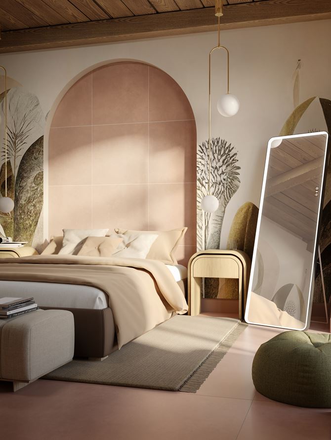 Naturalna sypialnia z łukową ścianą