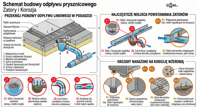 Grafika_redakcja Schemat budowy odpływu liniowego ilustrujący najczęstsze miejsca powstawania zatorów i narażone na korozję wżerową