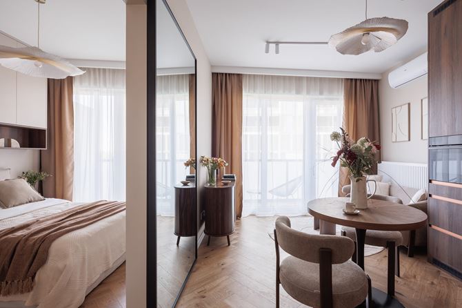 Aranżacja małego mieszkania w stylu mid century modern projekt Decoroom fot.Marek Koptynski