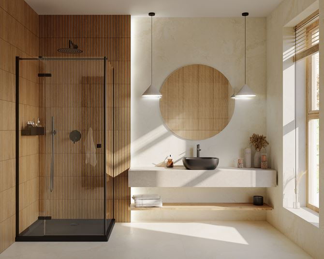 Lamele i jasny kamień w łazience z kabiną narożną