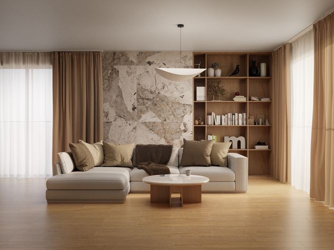 Beżowo-brązowy salon z jasnym wypoczynkiem i drewnianą zabudową