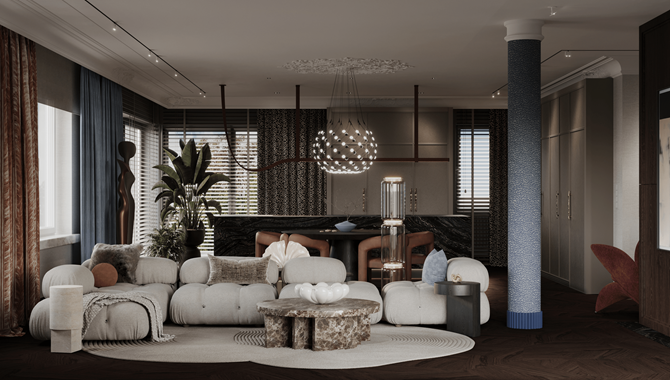 Salon eklektyczny z jasną sofą, projekt MODEKO Studio
