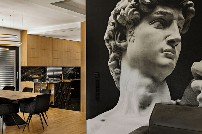 Salon z fototapetą, projekt AVO Architects