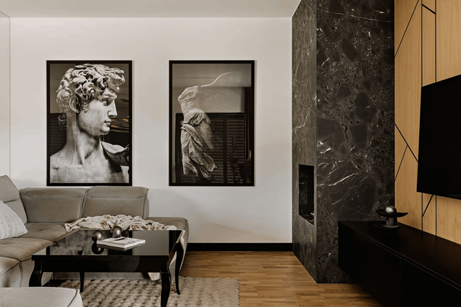 Salon z kominkiem w czarnym kamieniu, projekt AVO Architects