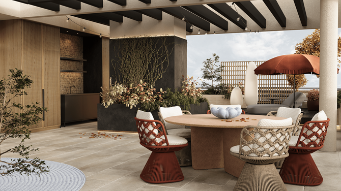 Salon z kuchnią i jadalnią na tarasie, projekt MODEKO Studio