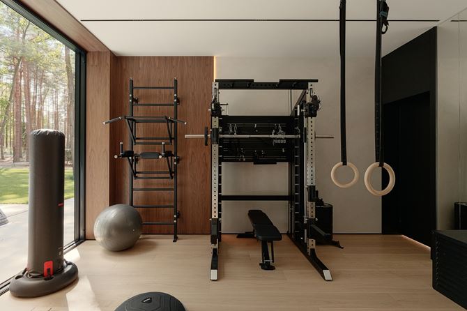 Siłownia z drabinkami i sprzętem sportowym, projekt SAAN Architects.jpg