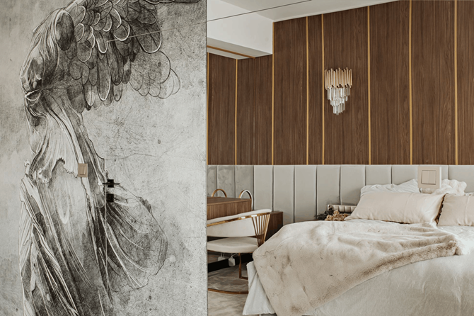 Sypialnia z drewnem i fototapetą, projekt AVO Architects