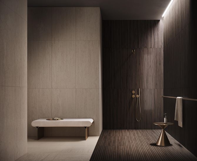 Minimalistyczna łazienka w lamelach i kamieniu