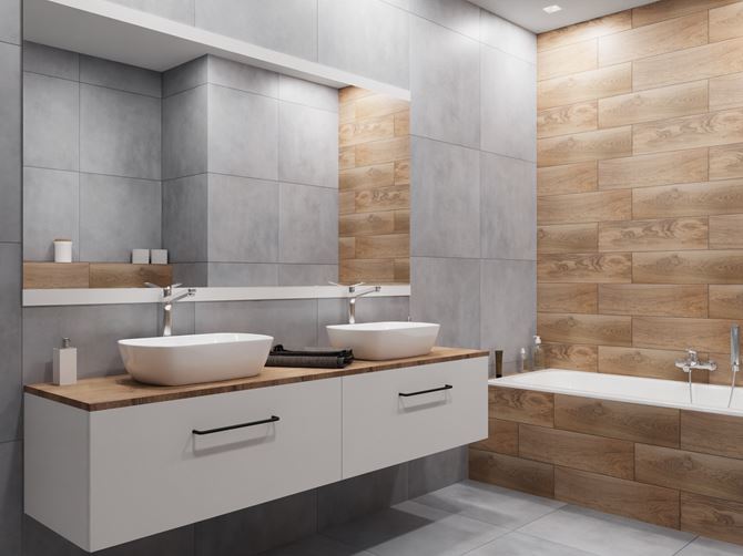 Drewno i beton w nowoczesnej łazience