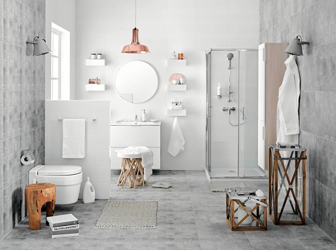 Elegancka łazienka w szarościach z bateriami Ferro