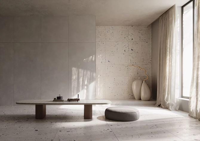 Wielkoformatowy beton i modne lastryko w wykończeniu salonu