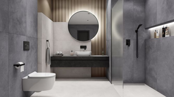 Aranżacja minimalistycznej łazienki w szarości i bieli 