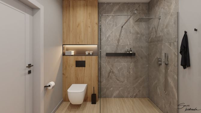Szara łazienka z drewnopodobną posadzką i kamieniem pod prysznicem