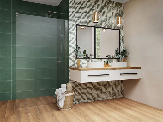 Zielona łazienka z geometrycznymi dekorami