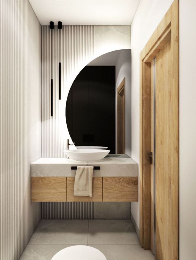 Toaleta z szarymi płytkami i panelem 3d