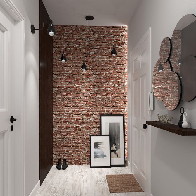 Efektowna ściana z cegły w korytarzu