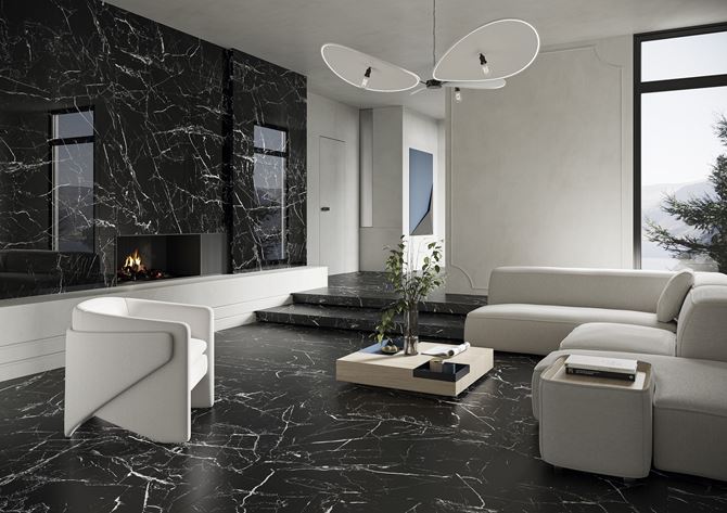 Czarno-biały salon w stylu glamour w wielkim formacie Cerrad Marmo